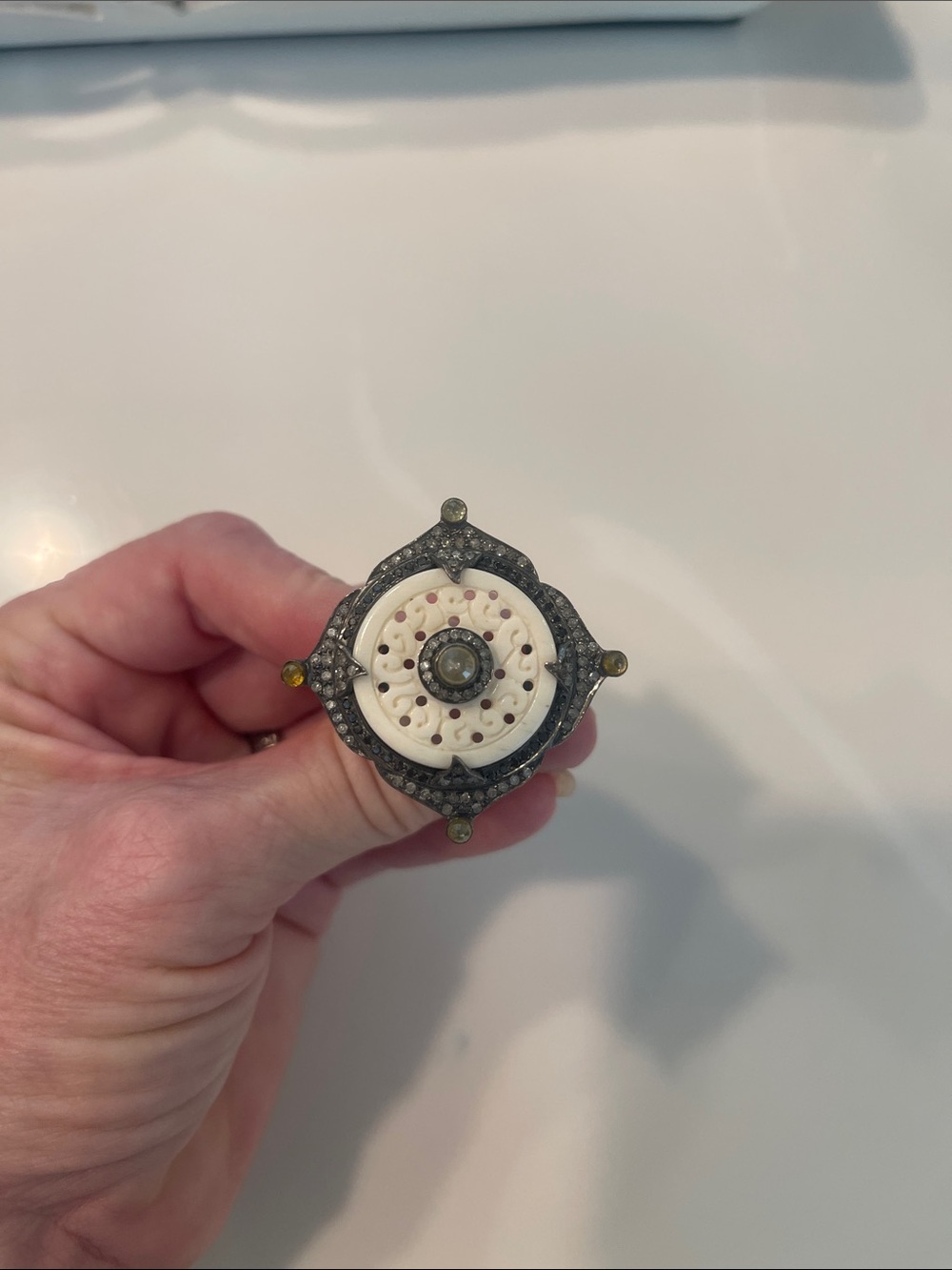 Vintage-Inspired White Carved Bone and Sterling Silver, Vintage Diamonds